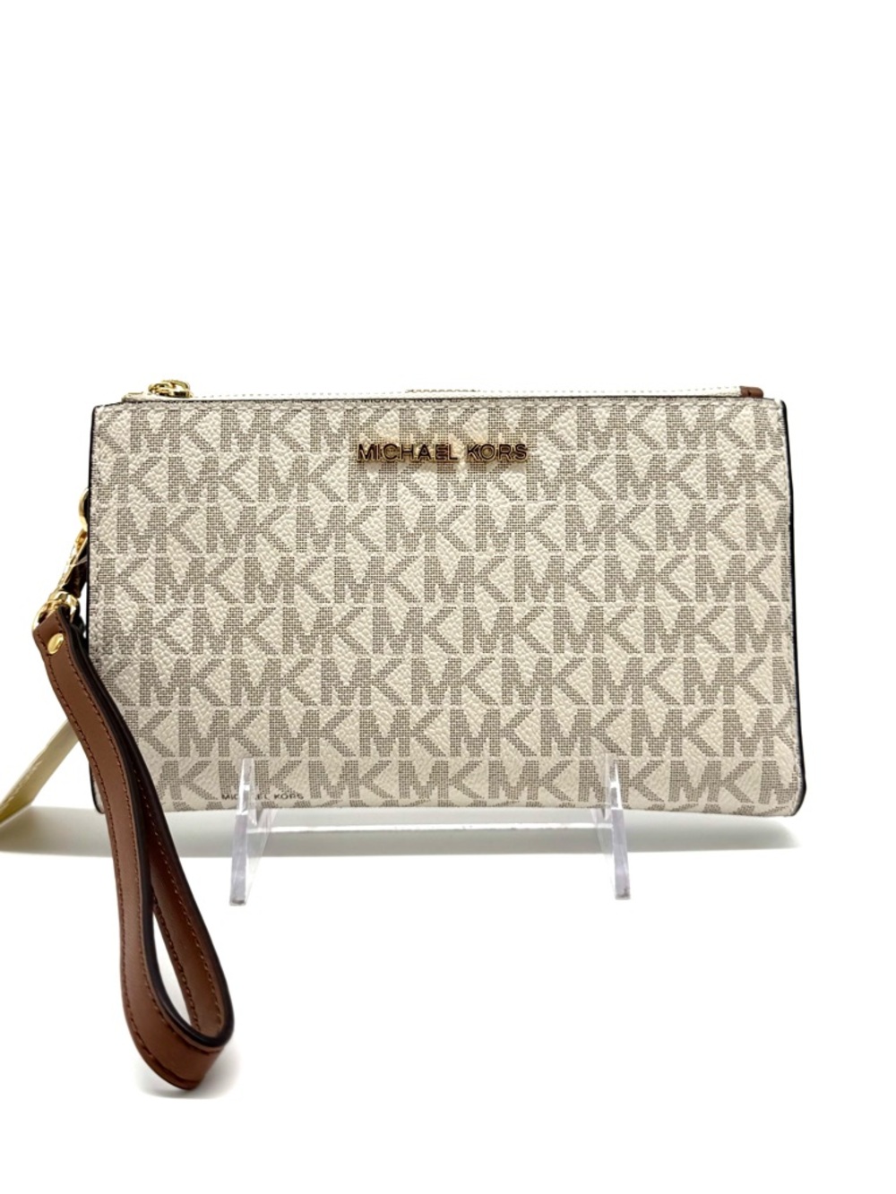 Michael Kors Large Double Zip Wallet Wristlet Vanilla/Brown